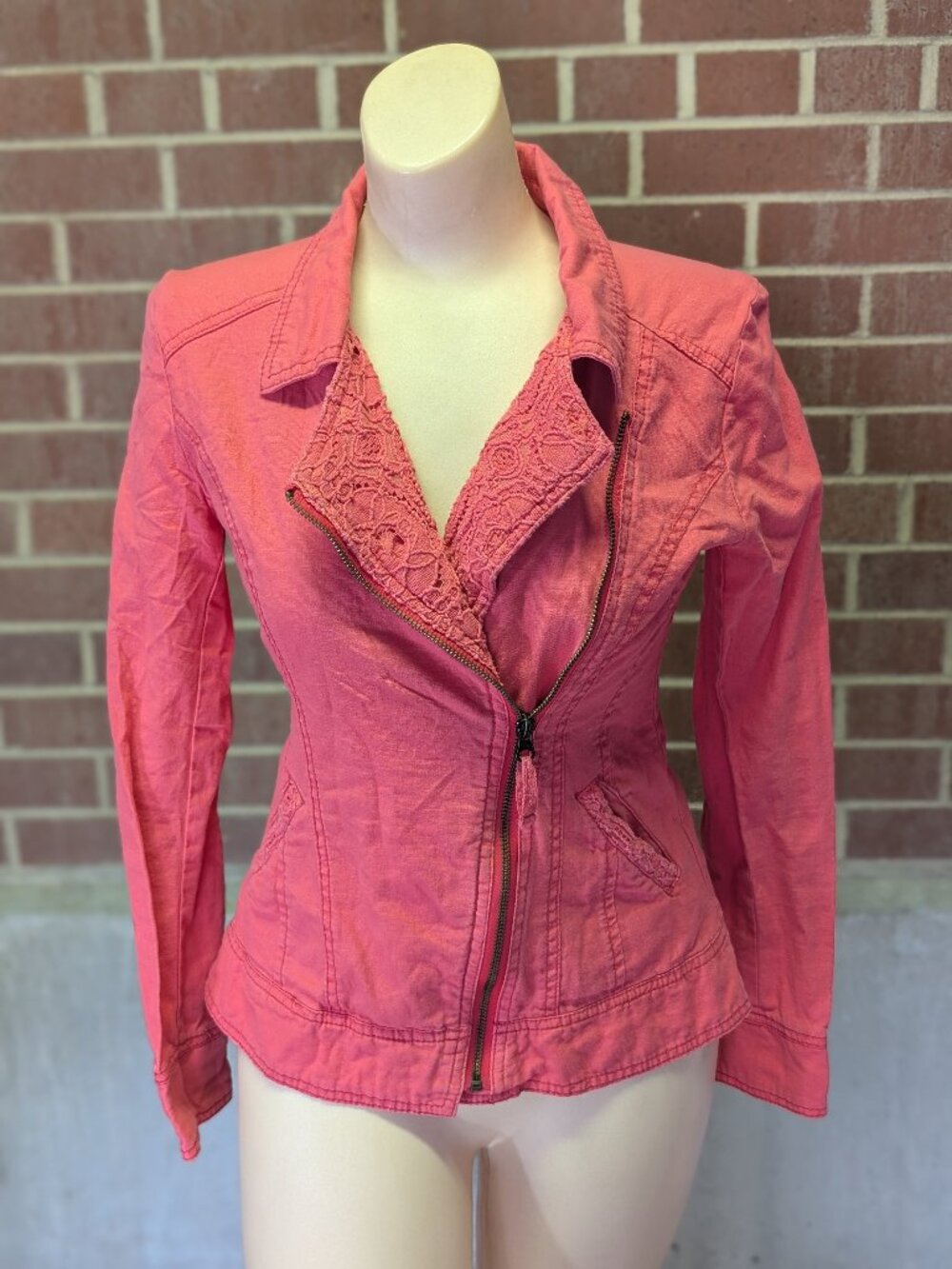 Maurices Y2K Coral Pink Asymmetrical Zip Jacket Women's Cotton Linen Blend Small